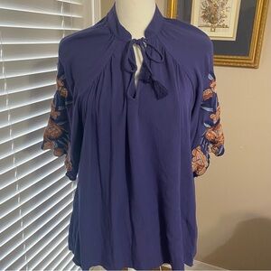 Jessica Simpson Womens Medium Blue Embroidered Short Sleeve Top Boho Tassel Tie